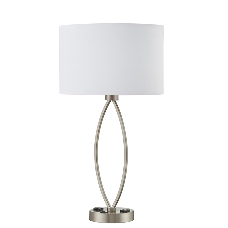 Duerme una lámpara de mesa de luz con acabado deníquel cepillado, un interruptor de balancín en/off y dos salidas en la habitación